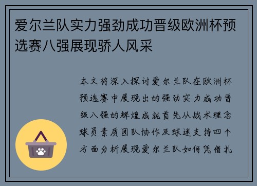 爱尔兰队实力强劲成功晋级欧洲杯预选赛八强展现骄人风采