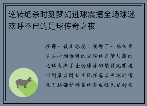 逆转绝杀时刻梦幻进球震撼全场球迷欢呼不已的足球传奇之夜