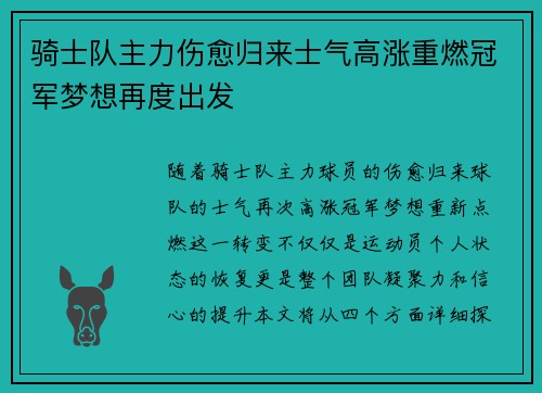 骑士队主力伤愈归来士气高涨重燃冠军梦想再度出发